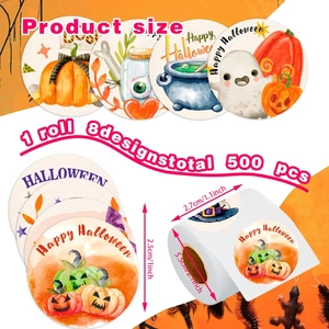 Rouleau de 500 autocollants Happy Halloween avec 8 motifs de dessins animés citrouille et fantôme