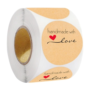 5cm kraft paper roll stickers with handmade with love text and red heart for gift packing