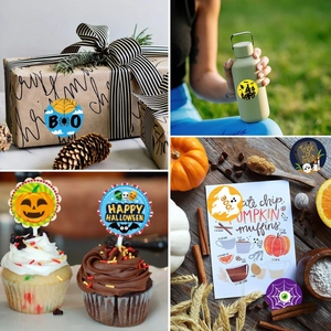 Macro detail showing Halloween stickers and cupcake toppers on gifts and treats