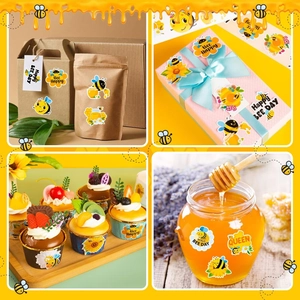 Bee-themed cartoon stickers shown on gift bags and jars for creative decoration