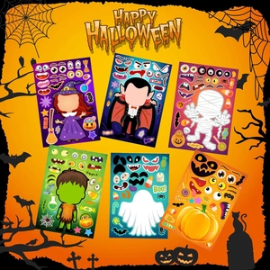 6 sheets of Halloween DIY face stickers for kids with pumpkin and witch motifs