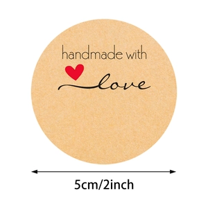 5cm round Kraft paper stickers featuring handmade with love text and red heart designs