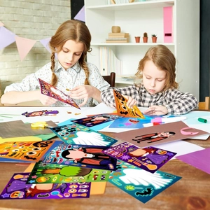 Kids crafting Halloween stickers with colorful pumpkin and witch designs on a wood table