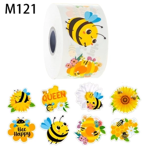 Cartoon bee and sunflower sticker roll with Bee Happy and Queen decorative designs