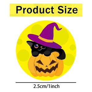 500pcs Halloween sticker roll featuring black cat on pumpkin lantern, 1 inch diameter