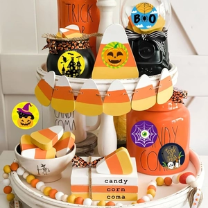 Halloween candy corn tiered tray decor set with wooden signs and pumpkin accessories