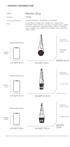 Detailed size chart for handmade woven mini bags showing round and cylinder dimensions