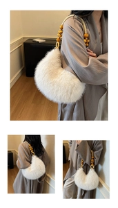 Detail of white faux fur crescent bag featuring unique wooden bead shoulder strap