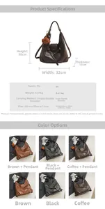 Detailed spec chart showing brown PU leather tote dimensions and capacity for women