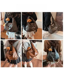 Three colors of soft leather tote bags shown on models with cute bear charms