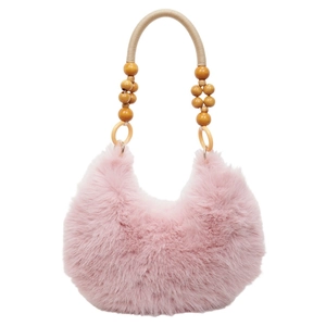 Pink faux fur crescent moon handbag with woven rope handle and natural wood beads detail