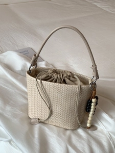 Women Woven PU Leather Bucket Bag With Drawstring Inner Pouch Handheld Shoulder Crossbody Bag With Bead Charm Urban Minimalist Handbag