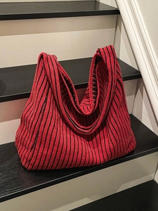 Large capacity red and black striped knit tote bag for women daily commute style