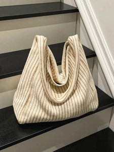Minimalist striped knit tote bag in beige and brown for daily office commute