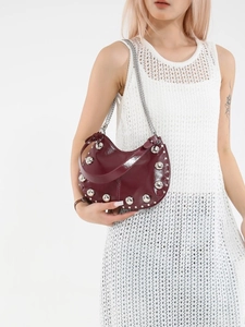 Deep wine red retro rivet crescent hobo bag with silver metallic chain strap for women