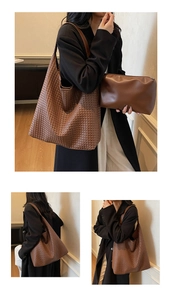 Detail shot of brown woven tote bag with a matching small zipper pouch on a model