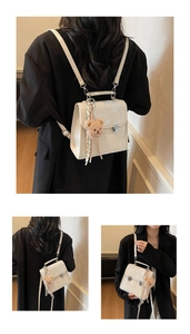 Detailed views of cream floral backpack showing convertible straps and plush bear charm