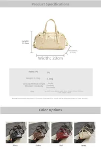 Detailed view of Boston style bag with dimensions and four color variants displayed