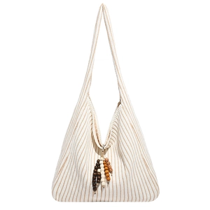 Minimalist knit striped tote bag with bohemian wooden bead tassels and large capacity