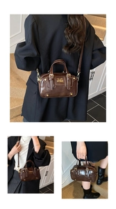 Three perspectives of brown retro bowling bag showing front logo and detachable strap