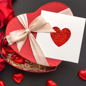 Detail of red glitter heart sticker on gift box with roses for Valentine decoration