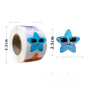 Detail view of 500 blue glitter star reward stickers with sunglasses emoji on a roll