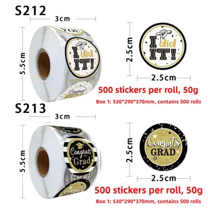 Detail showing 2.5cm graduation stickers with 'I did IT!' and 'Congrats Grad' text