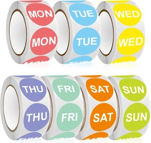 Set of 7 rolls of colorful weekday planner stickers with bold white text labels