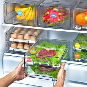 Set of stackable clear PET fridge organizers with 7-day weekday labels for food storage