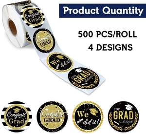 Roll of 500 graduation stickers with 4 designs featuring gold caps and Congrats Grad text