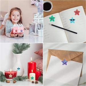 Detail of glitter star stickers with cute expressions used on gifts and stationery