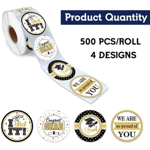 500pcs graduation cap stickers roll featuring four elegant black and gold festive designs