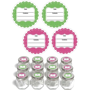 12-pack hexagonal glass jars with silver metal lids and adhesive food labels