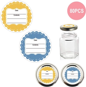 Detailed food storage stickers with date and content labels on glass jars, 80 count set