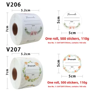 Close-up of 5cm floral homemade stickers for packaging with detailed dimensions