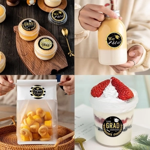 Detail shots showing graduation stickers on cups, bottles, and food packaging gifts