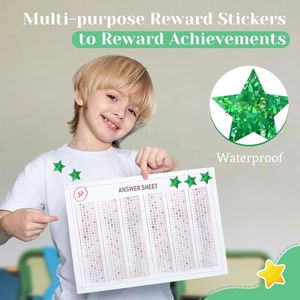 Detail of green glitter star stickers used for rewarding children on classroom papers