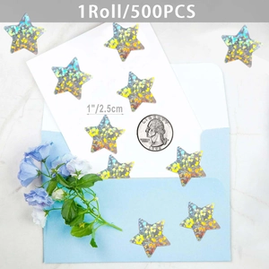 Macro detail of laser iridescent star stickers on envelope with size reference coin