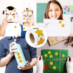 Roll of 500 holographic gold star stickers for rewarding kids and DIY craft decoration
