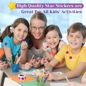 Detail view of purple laser star reward stickers applied on children during a fun activity