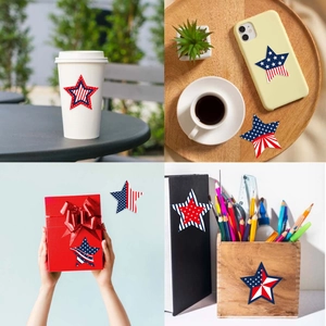 Five-pointed star stickers with US flag patterns applied to cups, boxes and phone cases