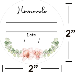 Macro detail of 2 inch round floral self-adhesive labels for homemade products