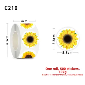 Macro detail of sunflower thank you stickers roll showing 3.8cm diameter dimensions