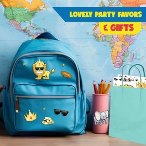 Autocollants d'animaux DIY appliqués sur un sac à dos bleu et un pot à crayons rose