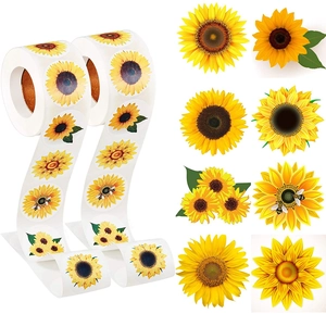 Detailed close-up of sunflower thank you stickers roll with eight diverse floral patterns