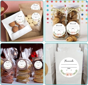 Detail showing Homemade floral stickers on cookie bags and jars for gift packaging