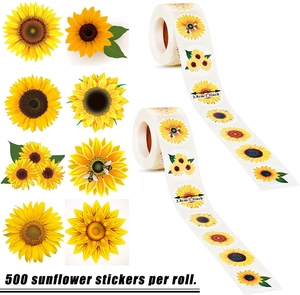Detail of 1.5 inch sunflower stickers roll with 500 labels and 8 floral designs