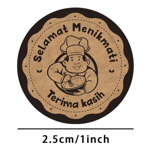 Roll of 500 kraft paper stickers featuring cartoon chef and Indonesian thank you text