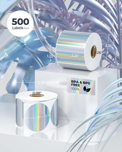 Detailed holographic laser thermal labels showing round shapes and BPA-free safety specs