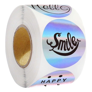 Rotolo di adesivi olografici laser premio con design smile, hello e happy